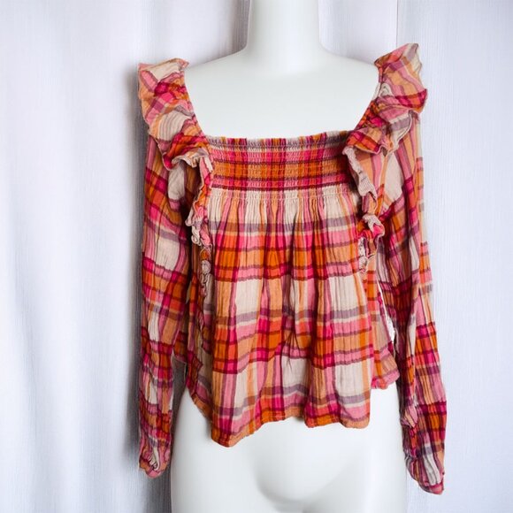 Free People Tea Combo Sienna Plaid Ruffle Blouse Multi XS - Picture 5 of 14